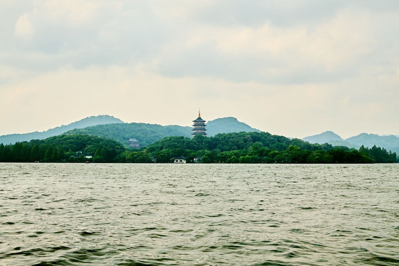 West Lake in Hangzhou with pagoda in the distance